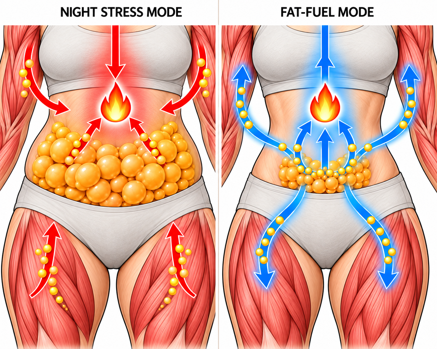 Close-up comparison of night stress mode and fat-fuel mode around the waist