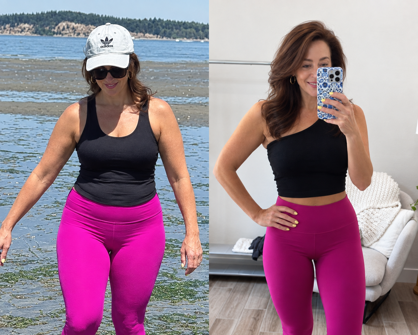 The same woman before and after, showing a visible change around her waist