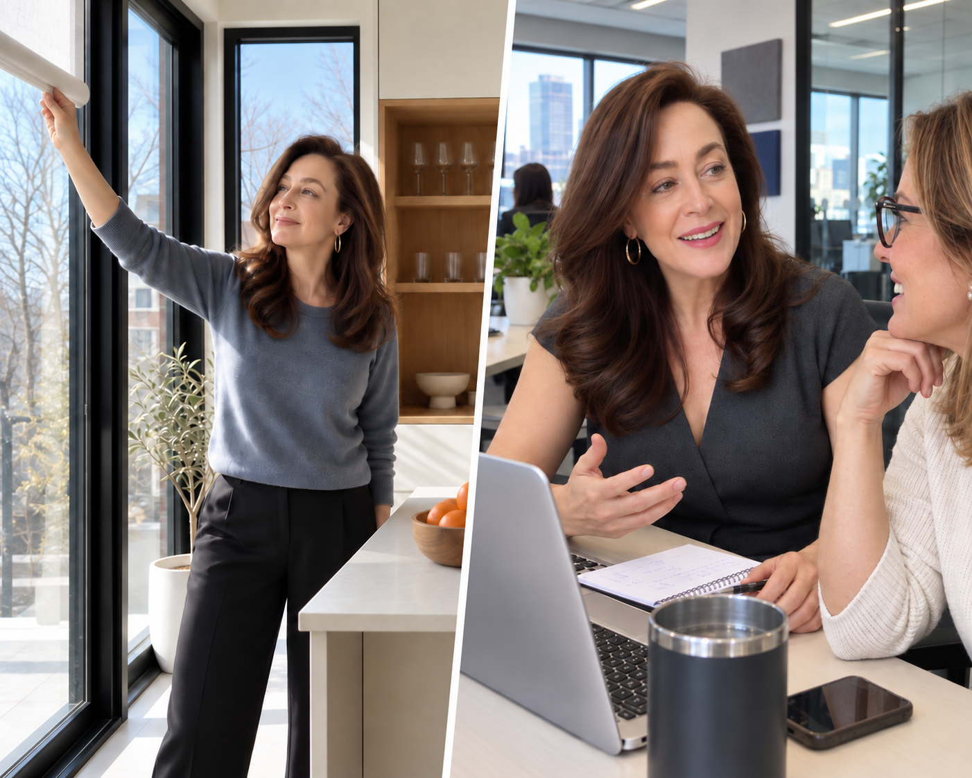 Split scene showing an alert morning and a clear productive workday