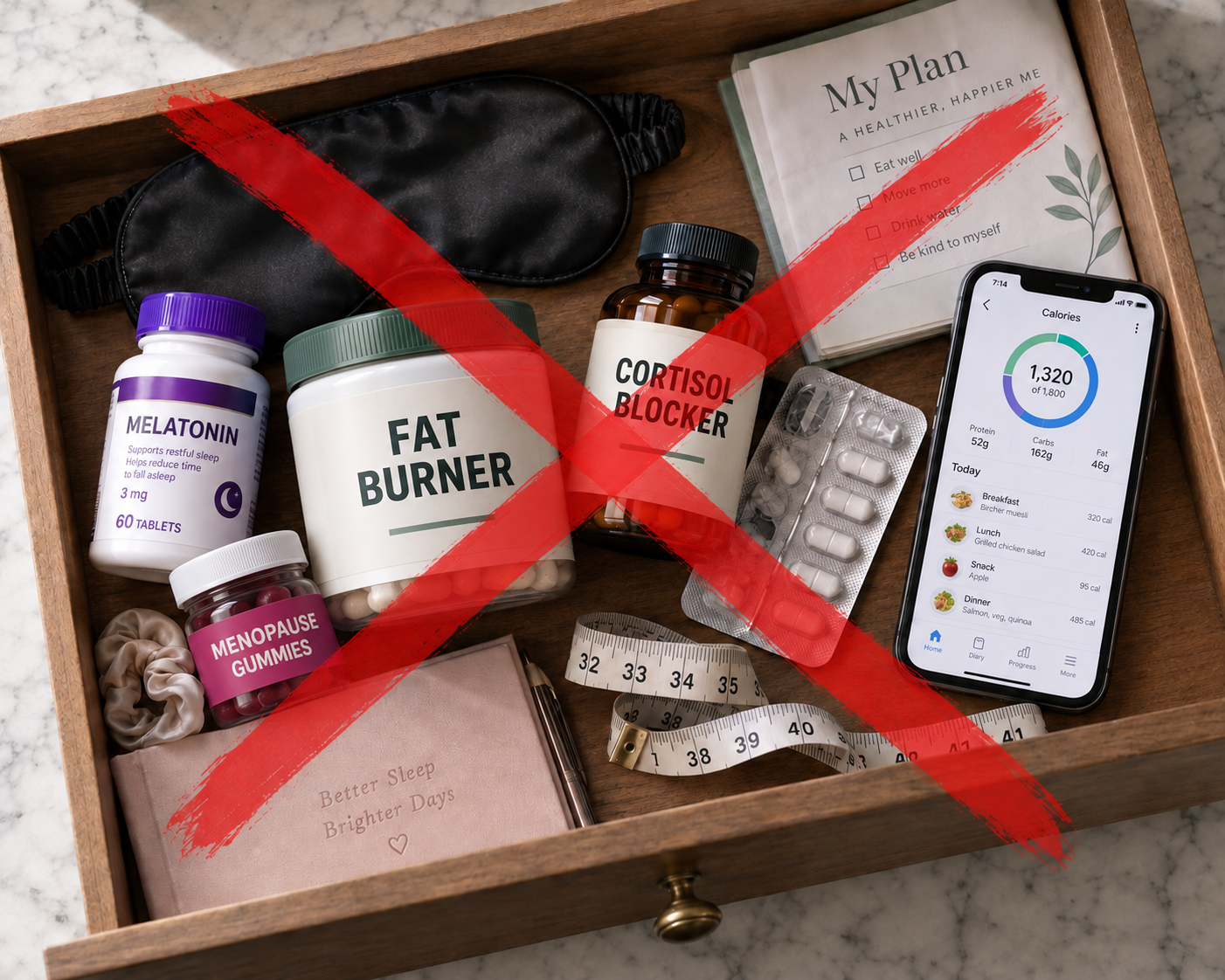 Sleep, cortisol and weight-loss solutions crossed out in a bedside drawer