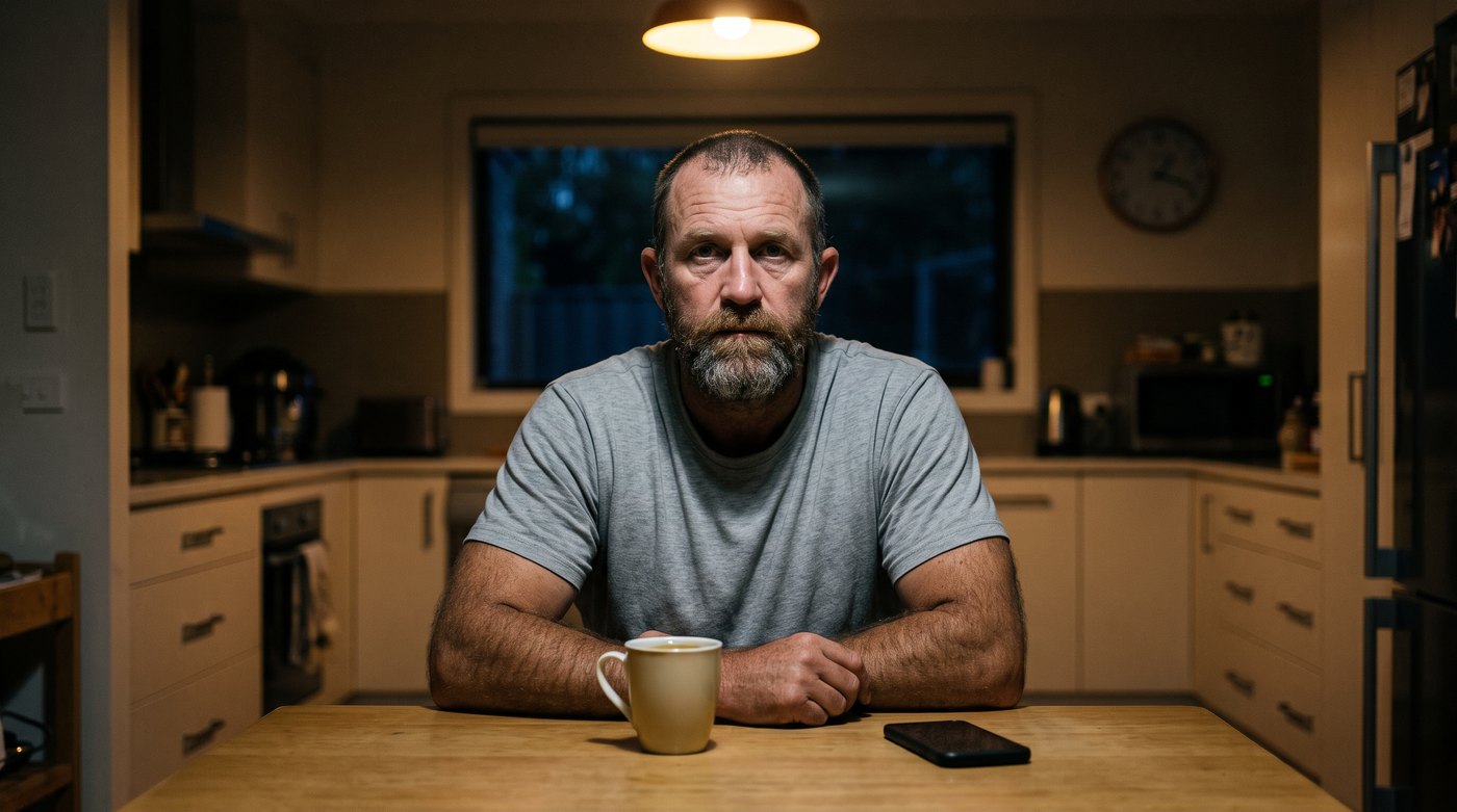 Tradie home at night, still switched on
