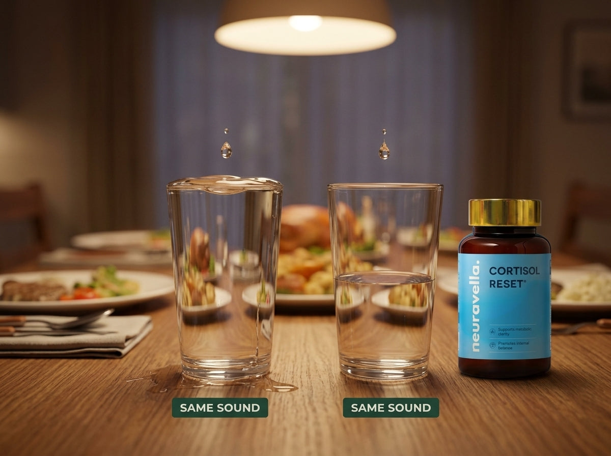 Two identical glasses on a family dinner table, one filled to the brim and spilling, one half full, each under the same falling drop