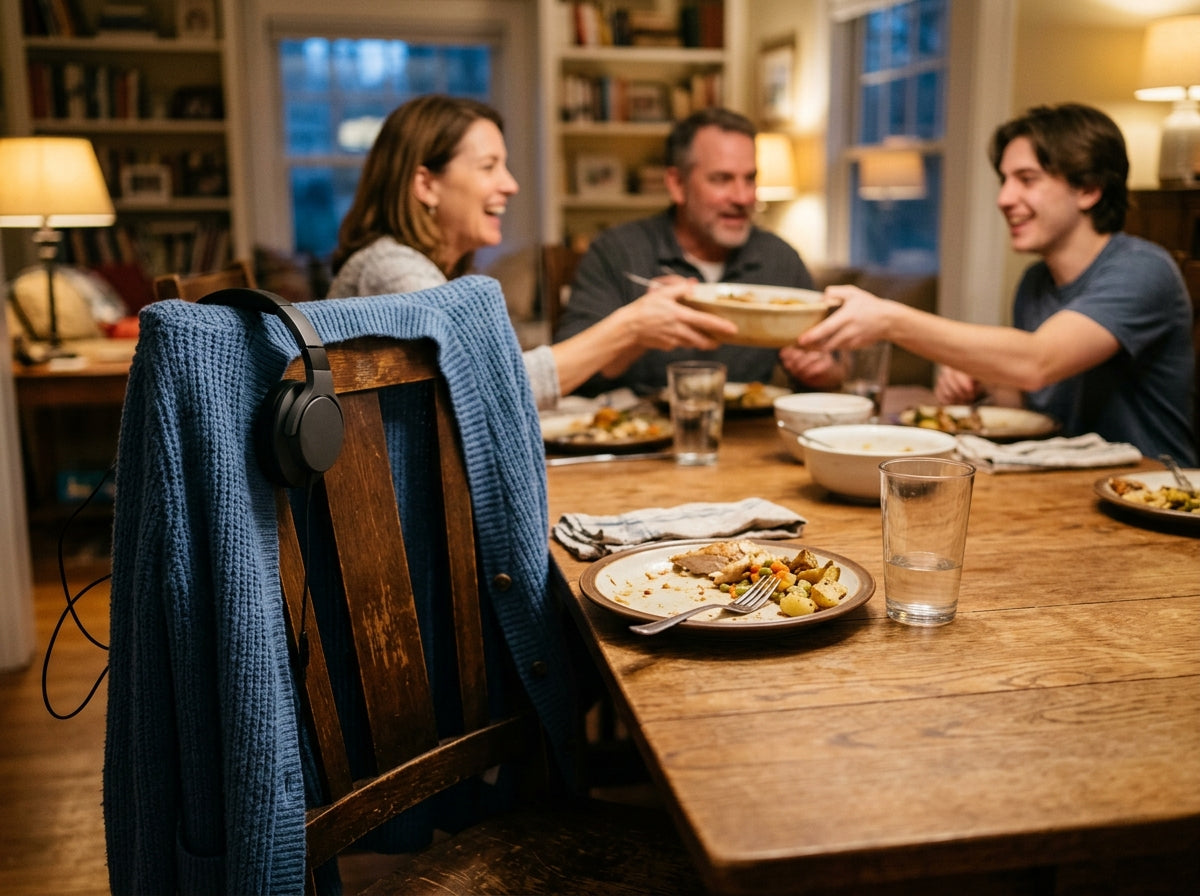 Headphones and a cardigan left on the back of a dining chair while the family eats together
