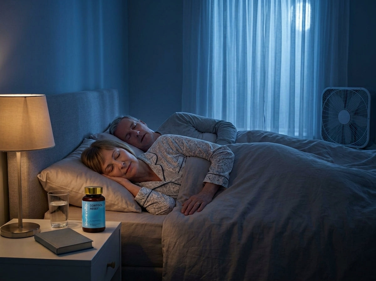 Couple in their fifties asleep in the same bed, Cortisol Reset on the nightstand