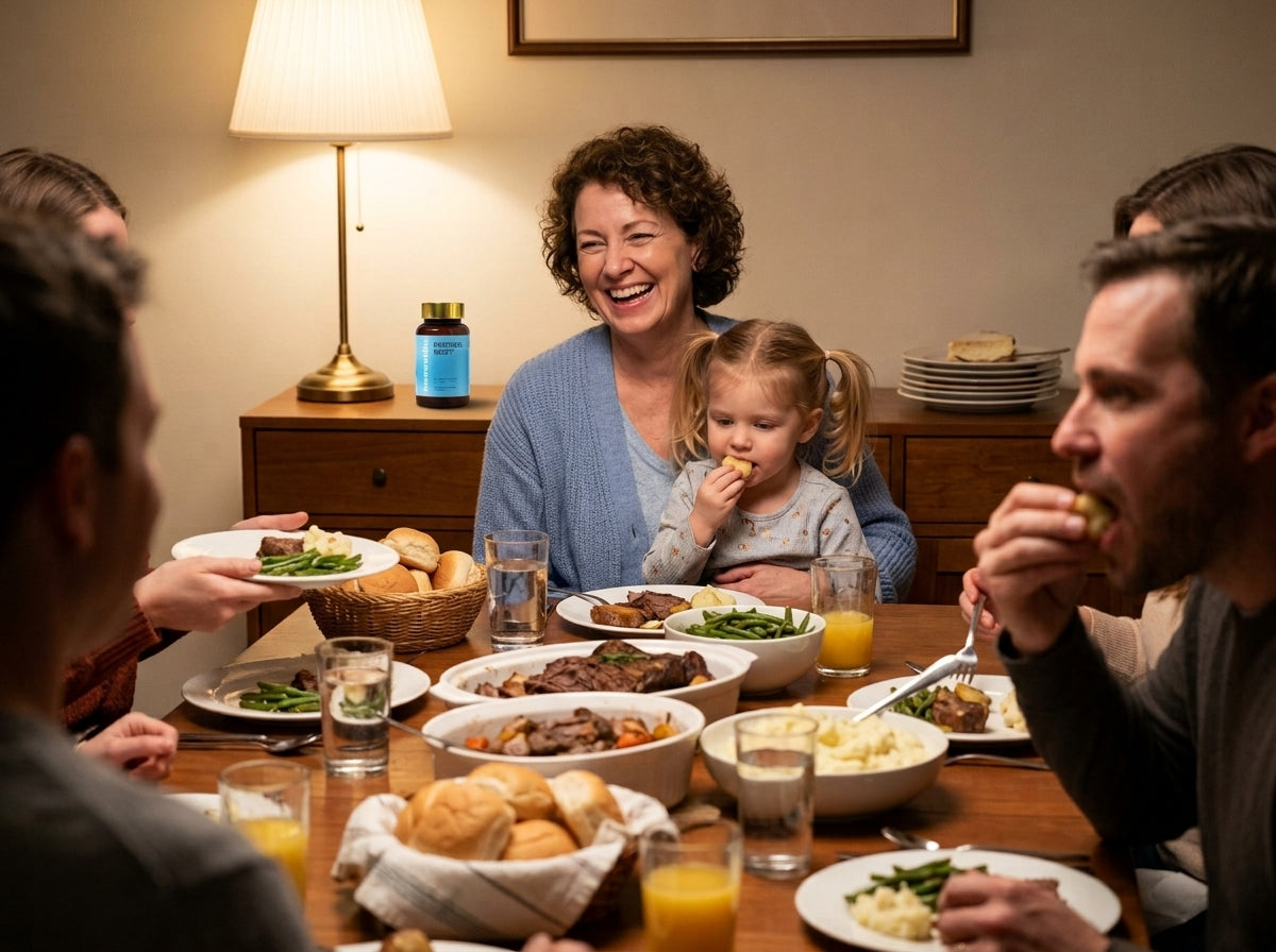 Grandmother laughing at a Sunday pot roast with her granddaughter on her lap