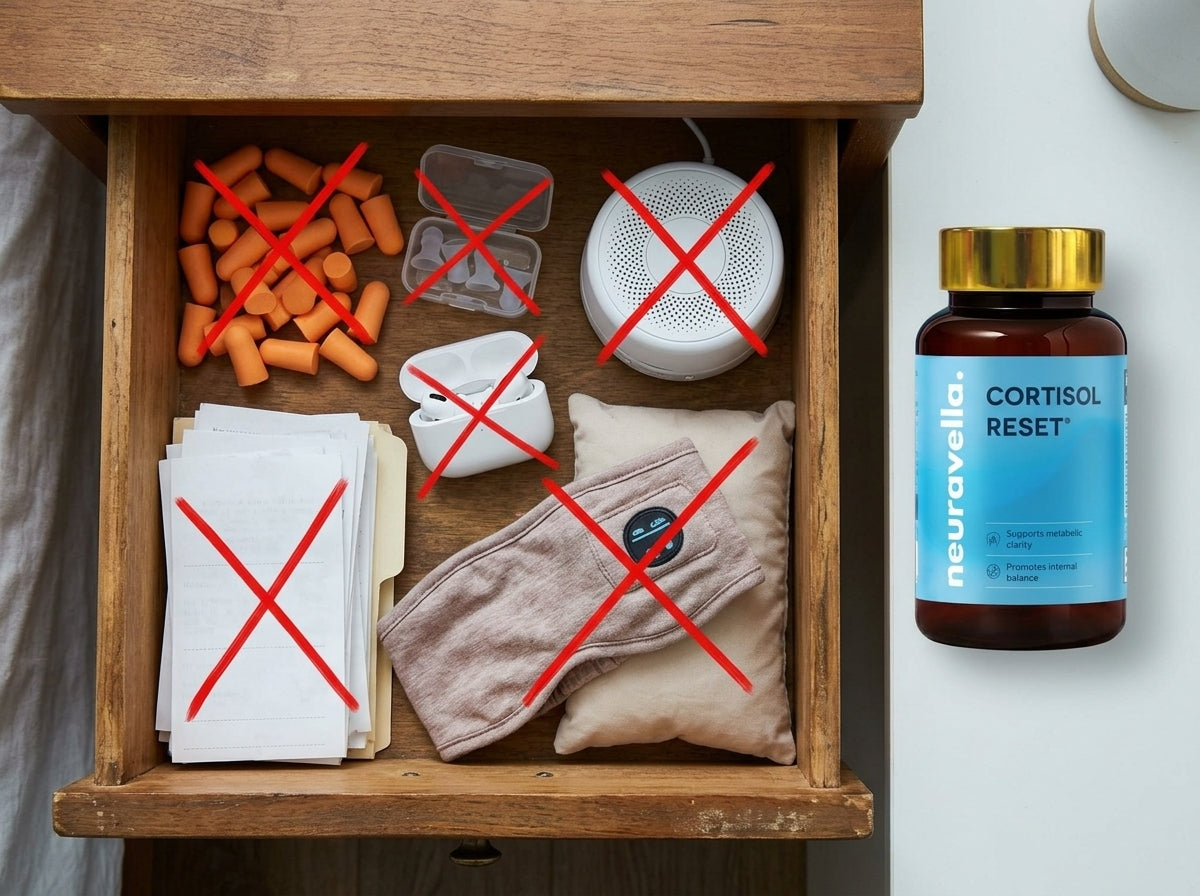 Nightstand drawer of earplugs, earbuds and a white-noise machine crossed out, with Cortisol Reset beside it