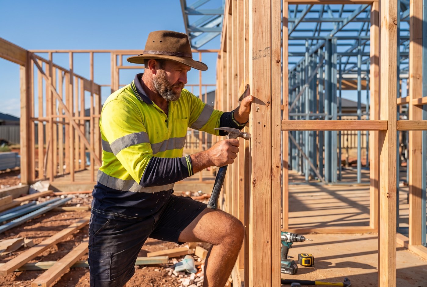 Tradie working flat out on a timber frame