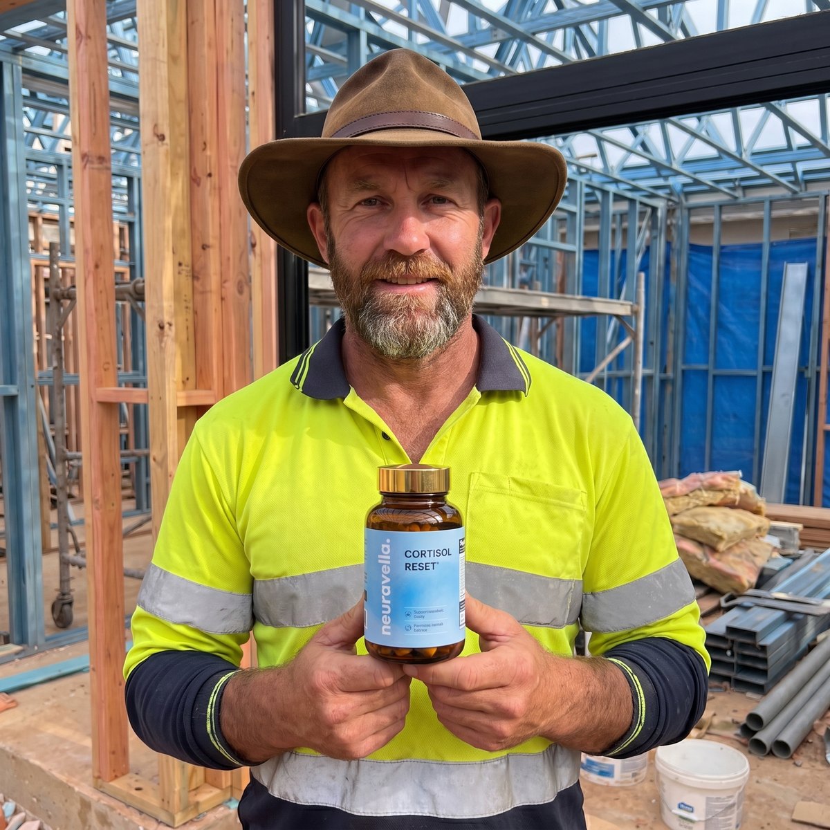 Tradie holding Cortisol Reset on site