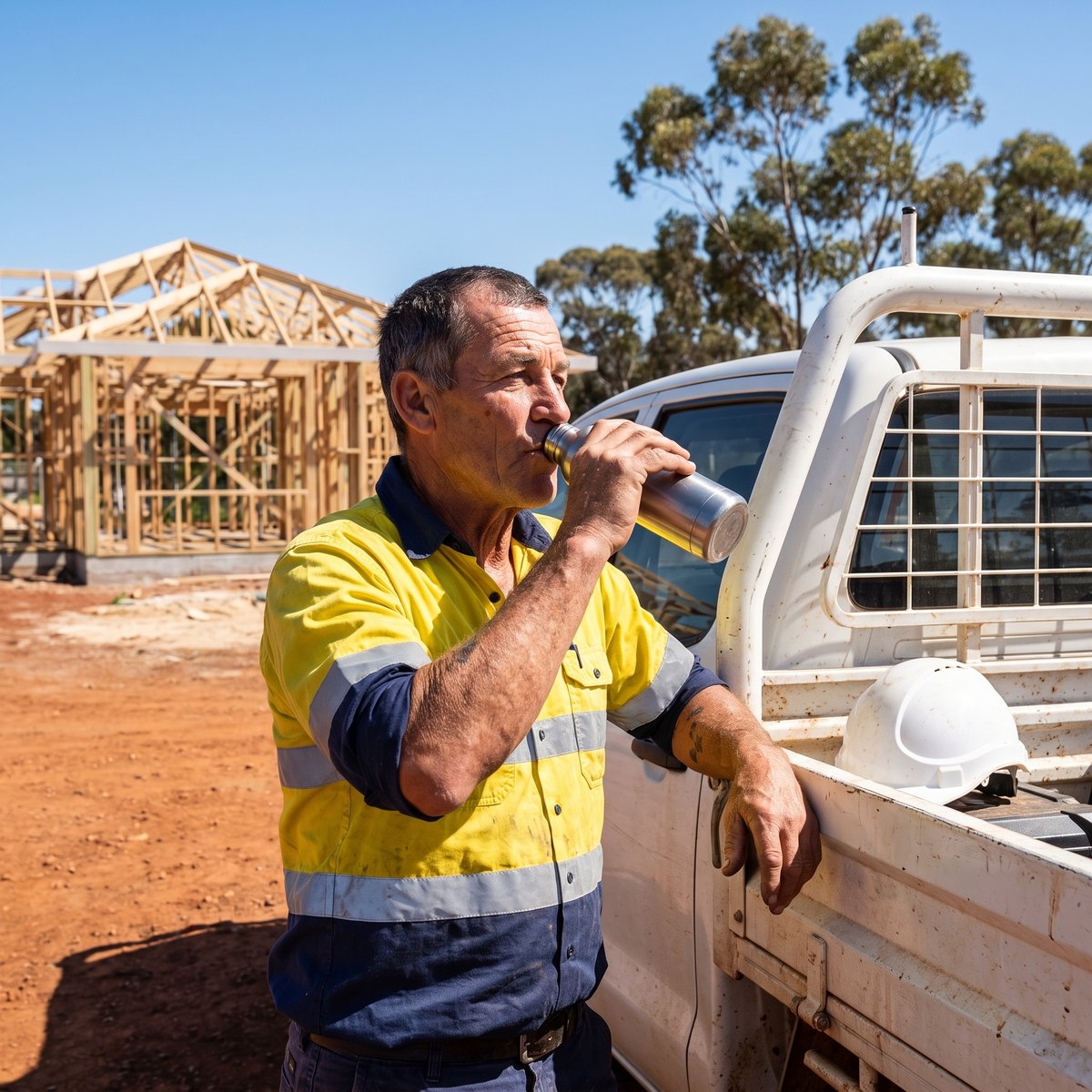 Tradie reaching for another energy drink at the ute